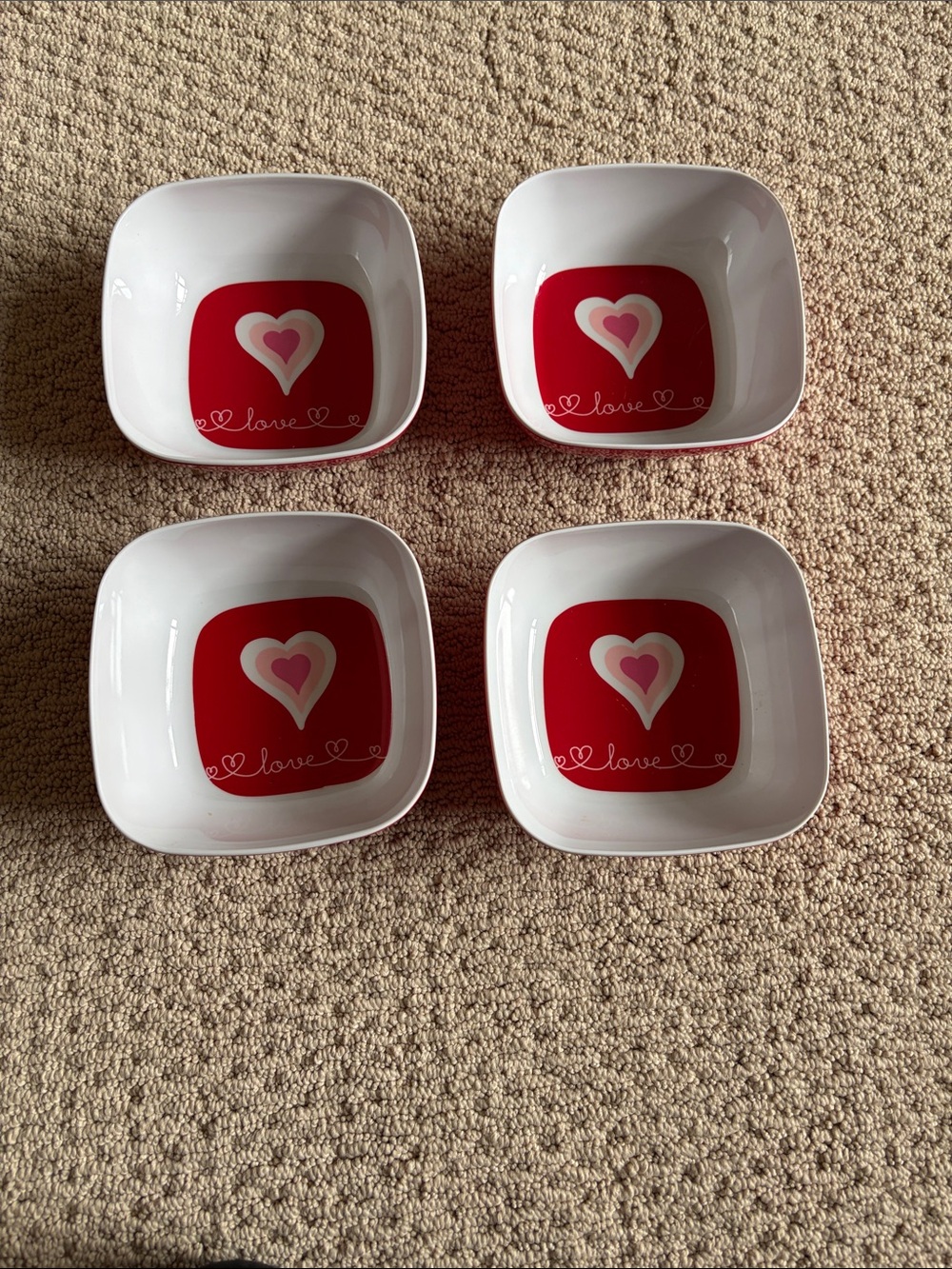 Valentine’s Themed Love Heart Square Melamine Bowls - Red Accent (Set of 4)